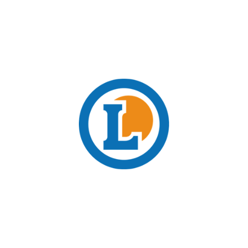 Blue letter "L" inside a blue circle, with an orange semicircle background on the right side.