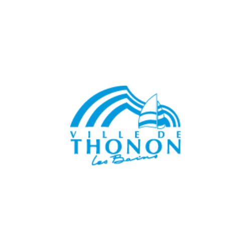 Blue logo featuring stylized waves, a sailboat, and mountain outline with the text "Ville de Thonon les Bains" below the graphic elements.