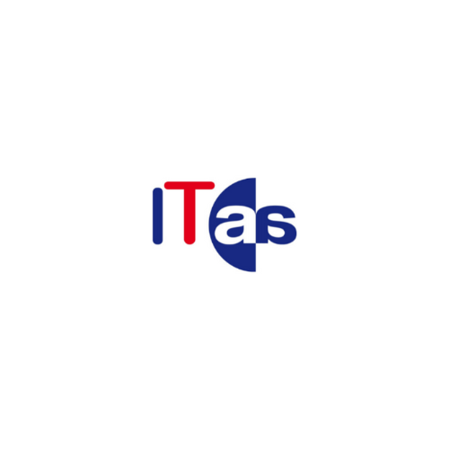 The logo shows the text "ITas" with "IT" in red, "as" in blue, and a blue semicircle partially covering the letter "a", all on a white square background.