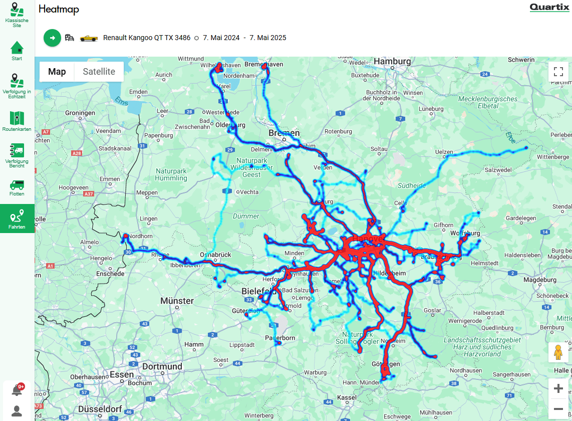 A digital map shows a vehicle route heatmap around Bielefeld, Germany, with red and blue lines indicating travel frequency, dated May 2024 to May 2025.