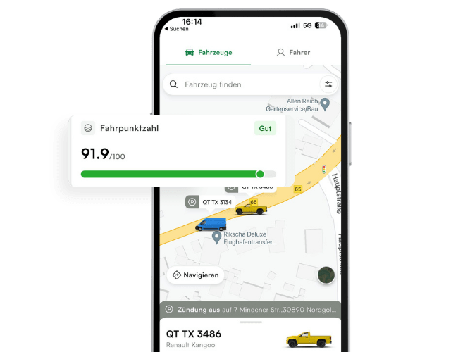 Smartphone screen showing a driving score of 91.9 out of 100 marked as “Gut” on a map with vehicle and navigation options.