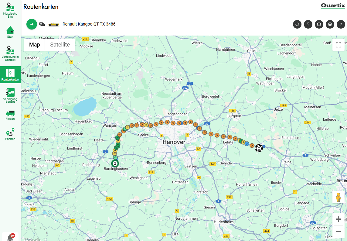 A digital map shows the route of a Renault Kangoo from Basinghausen to Peine, passing through Hanover, with markers indicating stops along the way.