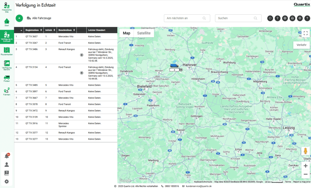 Screenshot of a vehicle tracking dashboard in German, showing a list of vehicles and their statuses on the left, with a real-time map of central Germany on the right.
