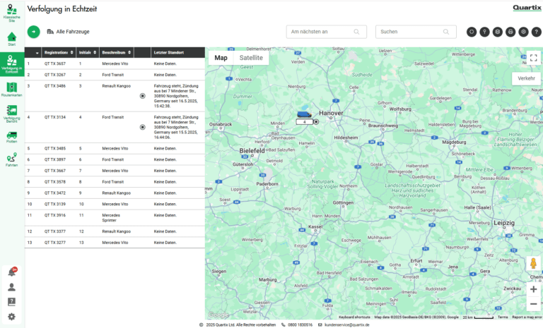 Screenshot of a vehicle tracking dashboard in German, showing a list of vehicles and their statuses on the left, with a real-time map of central Germany on the right.