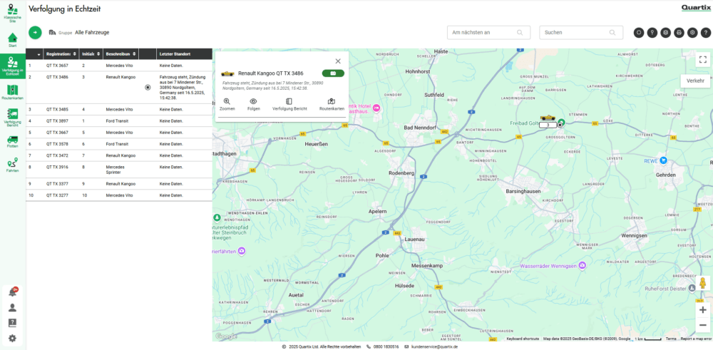 A tracking dashboard shows a list of vehicles on the left and a map on the right with one vehicle's location and status details highlighted near Bad Neuenahr in Germany.