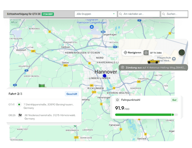 A digital map displays the Hannover area with an active vehicle tracking interface, showing trip details, navigation, and a driving score of 91.9 out of 100.