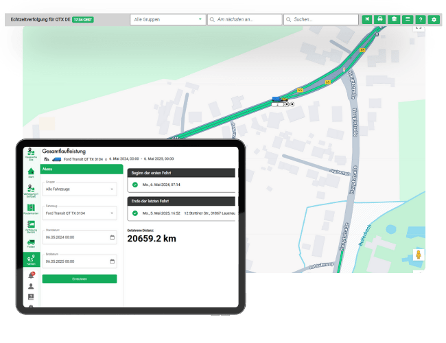 A digital dashboard displays vehicle information and trip data, overlaid on a map showing a road, buildings, and navigation details.