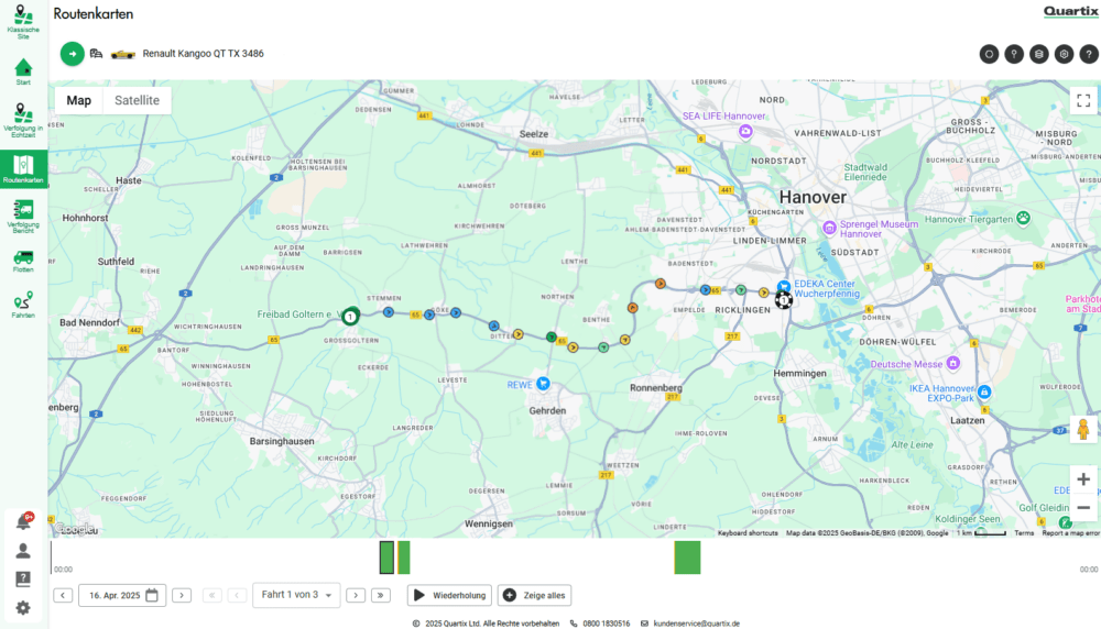 A digital map shows a route from west of Hanover to east, with multiple waypoints and charging stations indicated along the path. Various map tools and controls are visible.