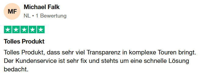 A five-star review by Michael Falk praising the product for transparency in complex tours and highlighting responsive customer service focused on quick solutions.