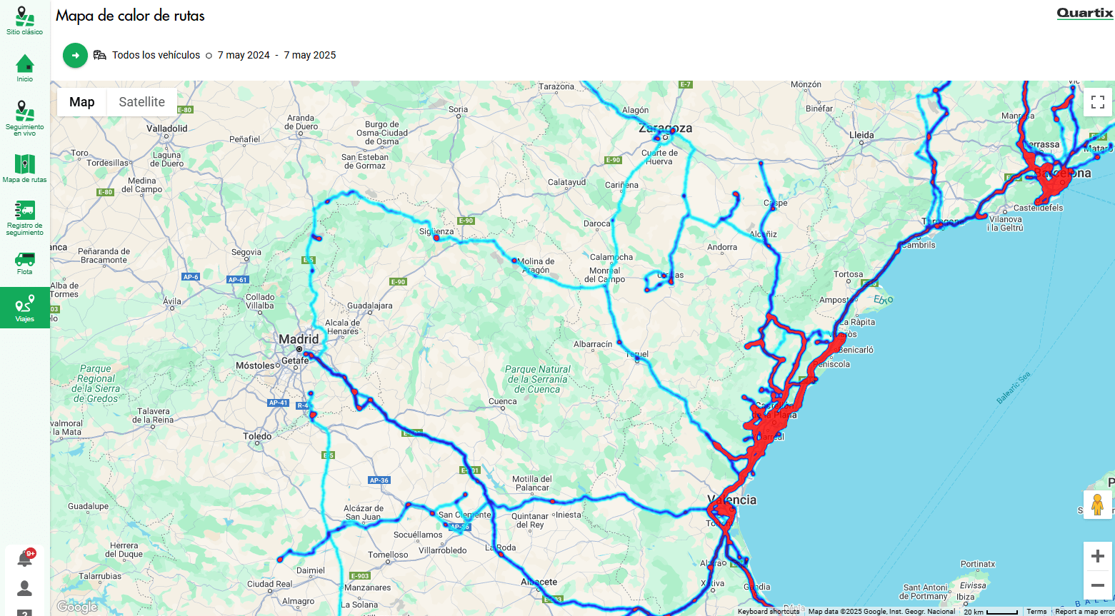 Route map of Spain displaying vehicle travel paths highlighted in blue and red, mainly concentrated around Madrid and the eastern coastal region near Valencia.