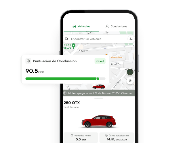 A smartphone screen displays a driving score of 90.5/100 labeled "Good," a map, and details of a red SUV including speed, location, and date.