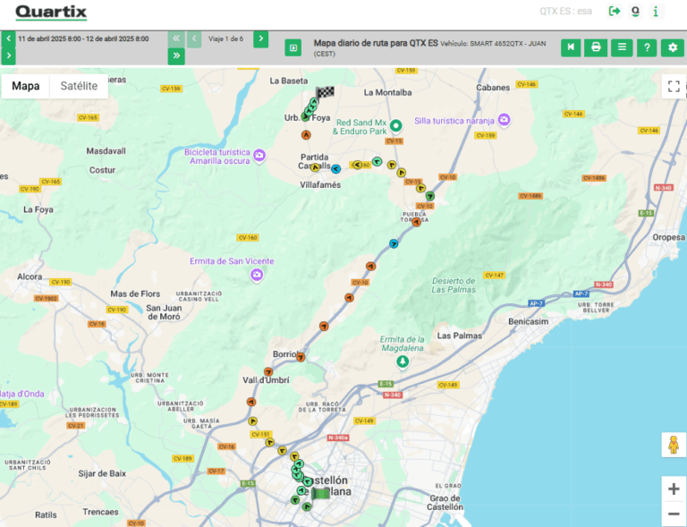 A digital route map from Quartix shows a vehicle’s journey with color-coded markers, road names, and nearby landmarks in the Castellón area of Spain.