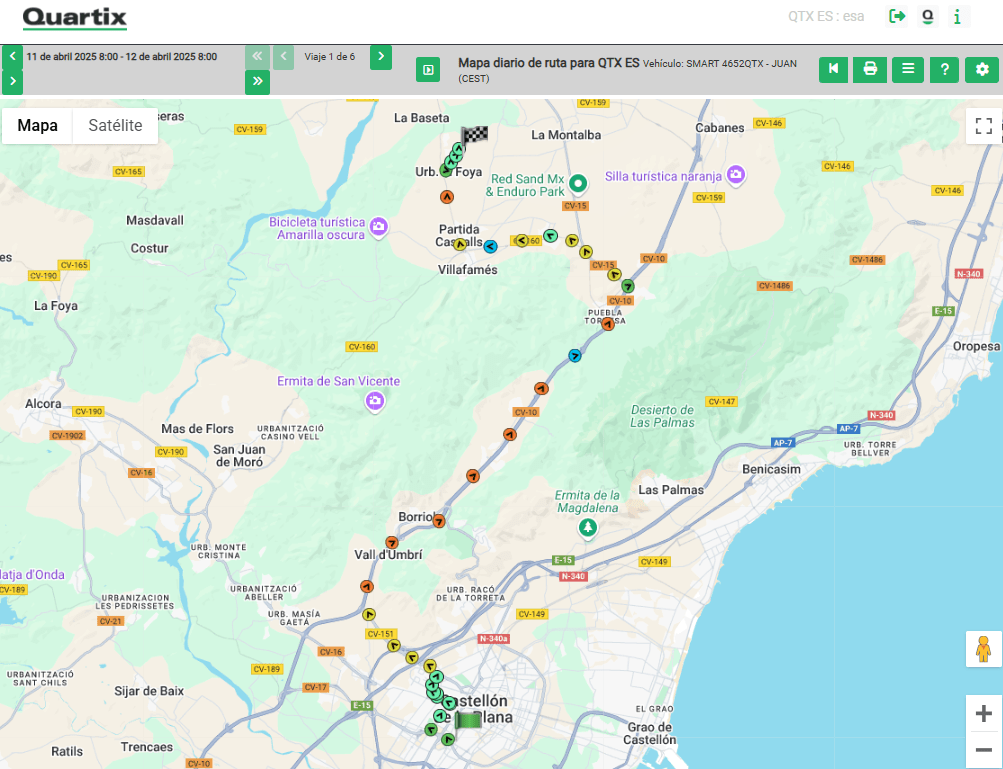 A digital route map from Quartix shows a vehicle’s journey with color-coded markers, road names, and nearby landmarks in the Castellón area of Spain.