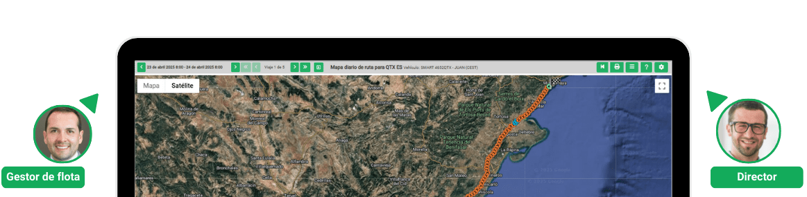 A computer screen displays a satellite map with user profiles labeled "Gestor de flota" and "Director" on either side of the monitor.
