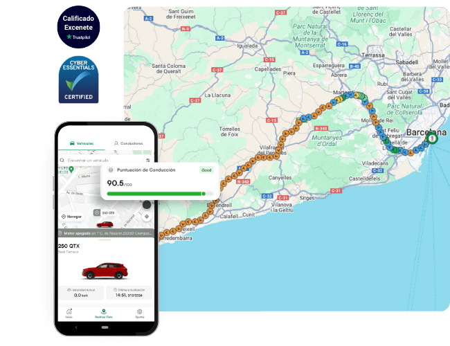 A map of a driving route from Valencia to Barcelona is shown behind a smartphone displaying a driving score and details of a red vehicle. Security certification badges are on the left.