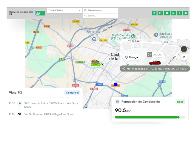 A digital map interface displays vehicle locations, a driving score of 90.5 labeled "Good," trip details, and navigation options for commercial vehicles in Spain.