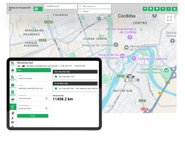 A computer screen displays a digital map of Córdoba, Argentina, with route tracking; an inset tablet shows vehicle tracking and kilometer details.