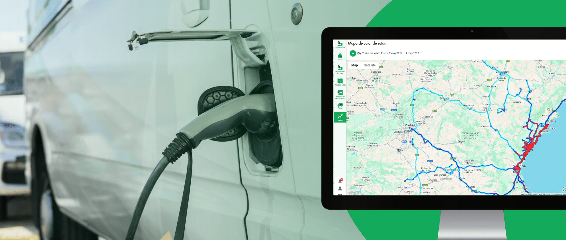 A white electric vehicle charges at a station, while a computer screen on the right displays a map with EV charging stations, routes, and Localización GPS para flotas de vehículos eléctricos.