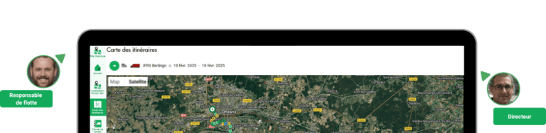 Screenshot of a computer showing a map interface labeled "Carte des itinéraires," with two profile images and titles "Responsable de flotte" and "Directeur" on each side.