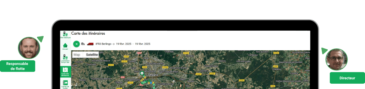 Screenshot of a computer showing a map interface labeled "Carte des itinéraires," with two profile images and titles "Responsable de flotte" and "Directeur" on each side.