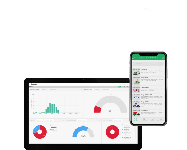 Un écran d’ordinateur affiche des tableaux de bord analytiques avec des graphiques et des diagrammes, tandis qu’un smartphone montre une liste de véhicules dans une application mobile.
