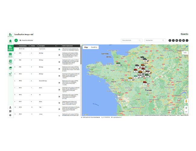 A digital dashboard shows a real-time map and table tracking multiple locations in western France, displaying statuses and geographic data.
