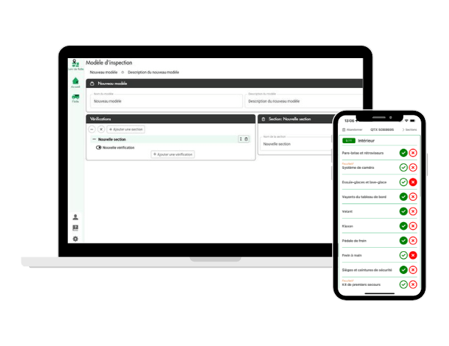 A laptop and a smartphone display inspection software interfaces with checklists and verification sections visible on both screens.