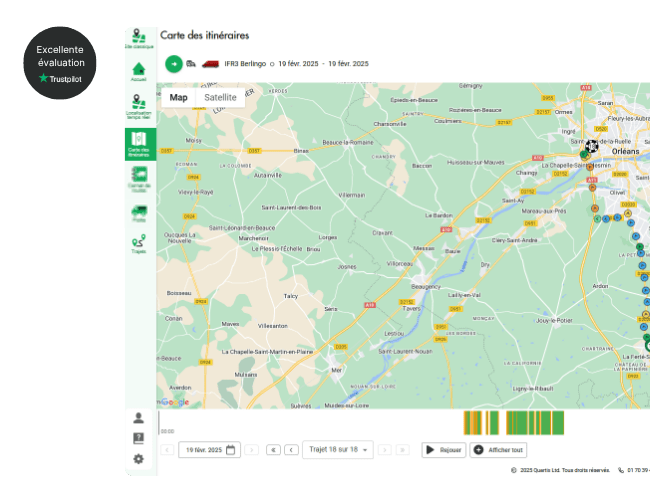 Screenshot of a route map interface showing a section of central France with itinerary details for a vehicle from 10 to 19 February 2025.