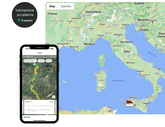 È mostrata una mappa dell'Italia con uno schermo di telefono sovrapposto che visualizza un percorso di viaggio. Nell'angolo in alto a sinistra appare un badge di Trustpilot con la dicitura 'Valutazione eccellente'