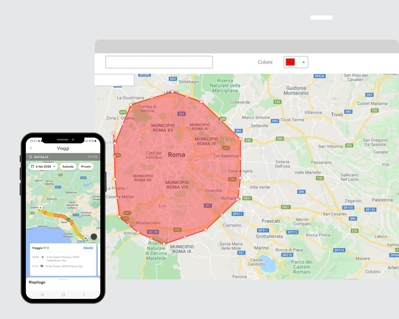 Uno smartphone e uno schermo di computer mostrano una mappa di Roma con un'ampia area circolare rossa evidenziata al centro.