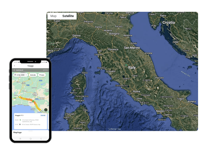 Map of Italy with a smartphone displaying a travel app, showing a route across central and southern Italy.