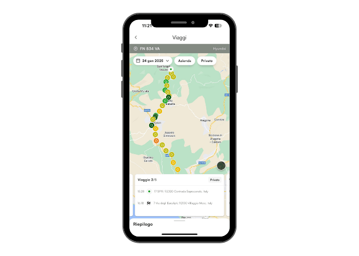 A smartphone displays a map with a marked travel route and numbered pins, showing trip details for a Hyundai vehicle on a GPS tracking app.