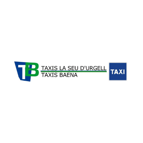 Logo for "Taxis La Seu d'Urgell Taxis Baena" with initials "TB" in green and blue, and a blue square with the word "TAXI" in white.