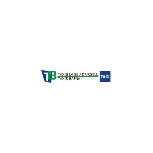 Logo for Taxis La Seu d’Urgell and Taxis Baena, featuring the initials "TB" in blue and green and a blue rectangle with the word "TAXI" on the right.