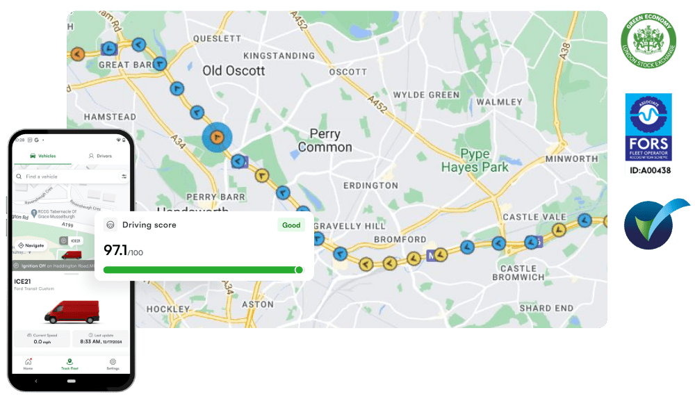 A map route is displayed with waypoints, overlaid by a smartphone showing a van, driving score, and vehicle options; several certification logos are on the right.