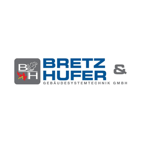 Logo of Bretz & Hufer Gebäudesystemtechnik GmbH, featuring the initials "B" and "H" with icons of a flame and steam, and the company name in blue and gray text.