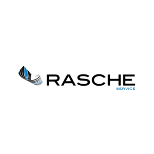 Rasche Service logo with a black and blue abstract wing-like graphic to the left of the black word