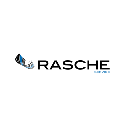 Rasche Service logo with a black and blue abstract wing-like graphic to the left of the black word "RASCHE" and the blue word "SERVICE" in smaller text below.
