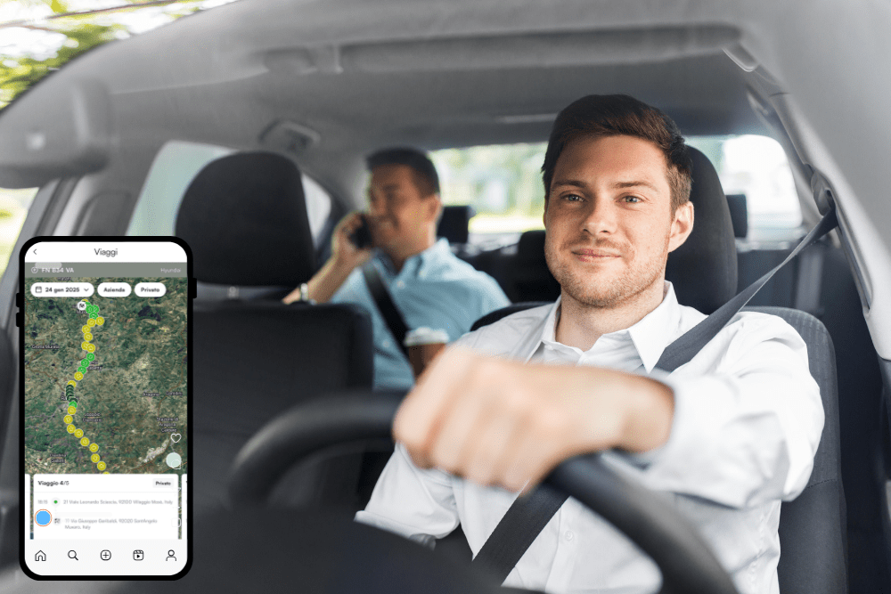 A man drives a car with a passenger in the backseat; a navigation app with a route map is visible in the foreground.