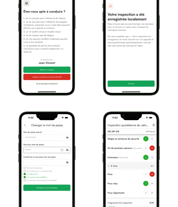 Four smartphone screens show a driving readiness quiz, local inspection confirmation, password change form, and a vehicle inspection checklist with pass/fail indicators.
