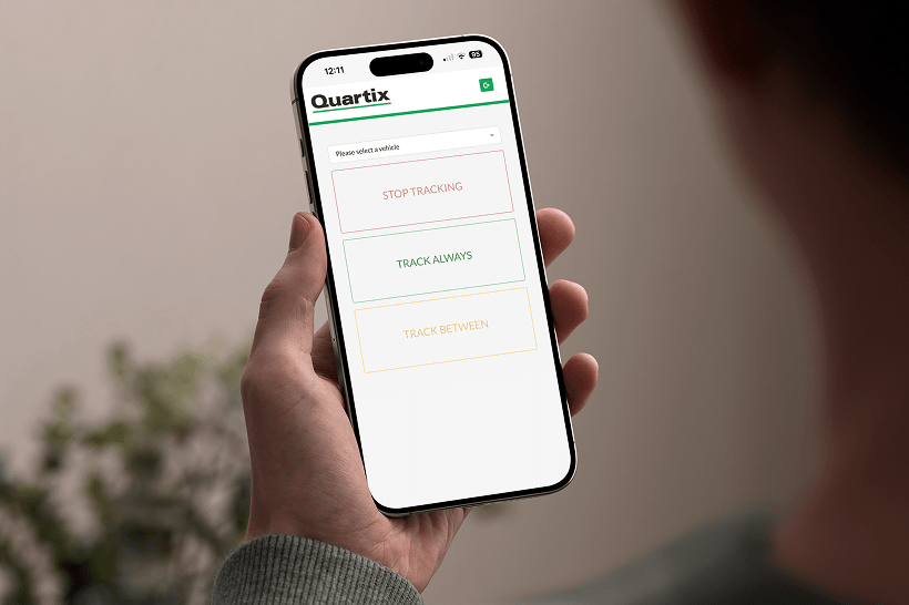 A person holds a smartphone displaying the Quartix app with options to stop tracking, track always, or track between.