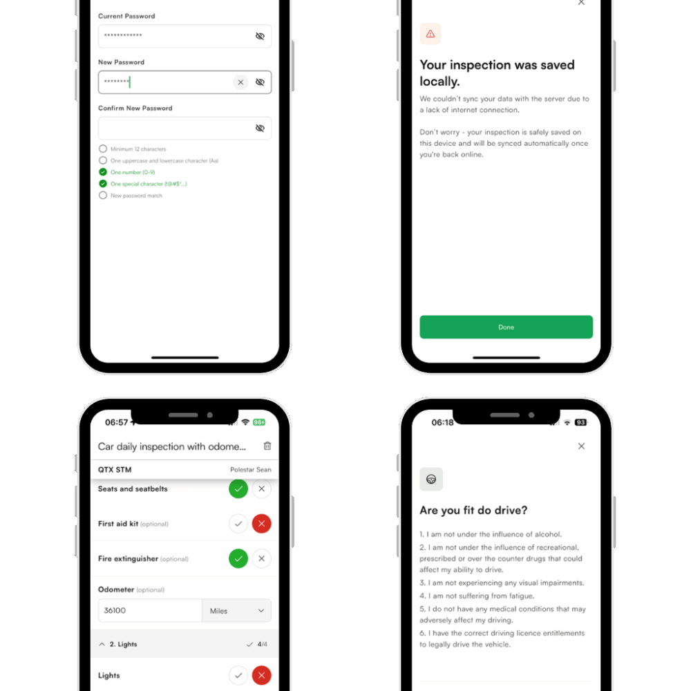 Four smartphone screens display a car inspection app with password reset, inspection saved notification, checklist items with statuses, and a drive readiness confirmation.