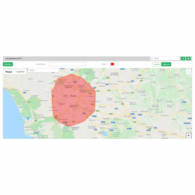 A digital map showing the city of Rome and surrounding areas in Italy, with a large red shaded area highlighting a specific zone for tracciamento dei veicoli in movimento.