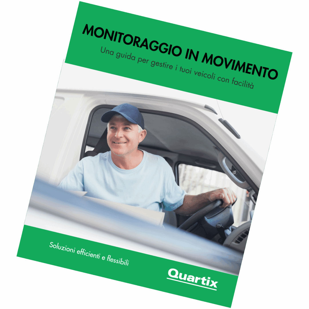 A smiling man in a light blue polo and cap sits in a white van, holding paperwork. The image features on an Italian guide about Tracciamento dei veicoli in movimento by Quartix.