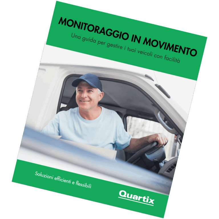 A smiling man in a light blue polo and cap sits in a white van, holding paperwork. The image features on an Italian guide about Tracciamento dei veicoli in movimento by Quartix.
