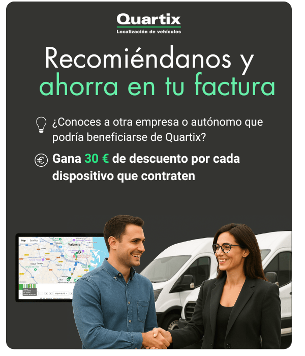 Dos personas dándose la mano frente a furgonetas blancas, con mensaje promocional de Quartzix: ¡Recomendar Cliente y obtén descuentos exclusivos en servicios de localización de vehículos!.