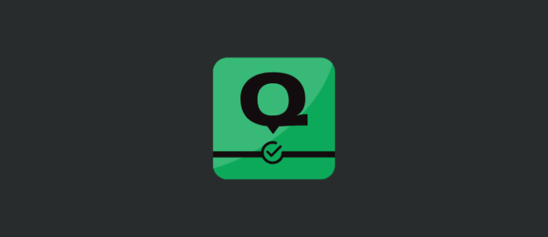 A green square icon with a large black letter "Q" above a black line and a checkmark, set against a dark gray background.