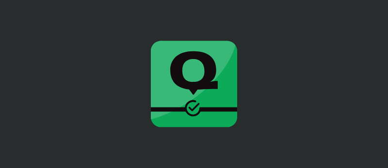A green square icon with a large black letter "Q" above a black line and a checkmark, set against a dark gray background.