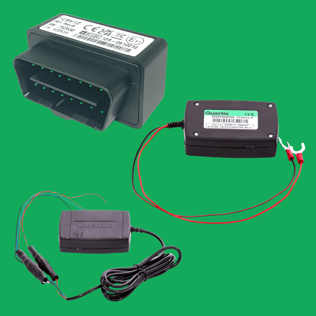 Three different vehicle tracking devices with wires and labels are displayed on a green background.