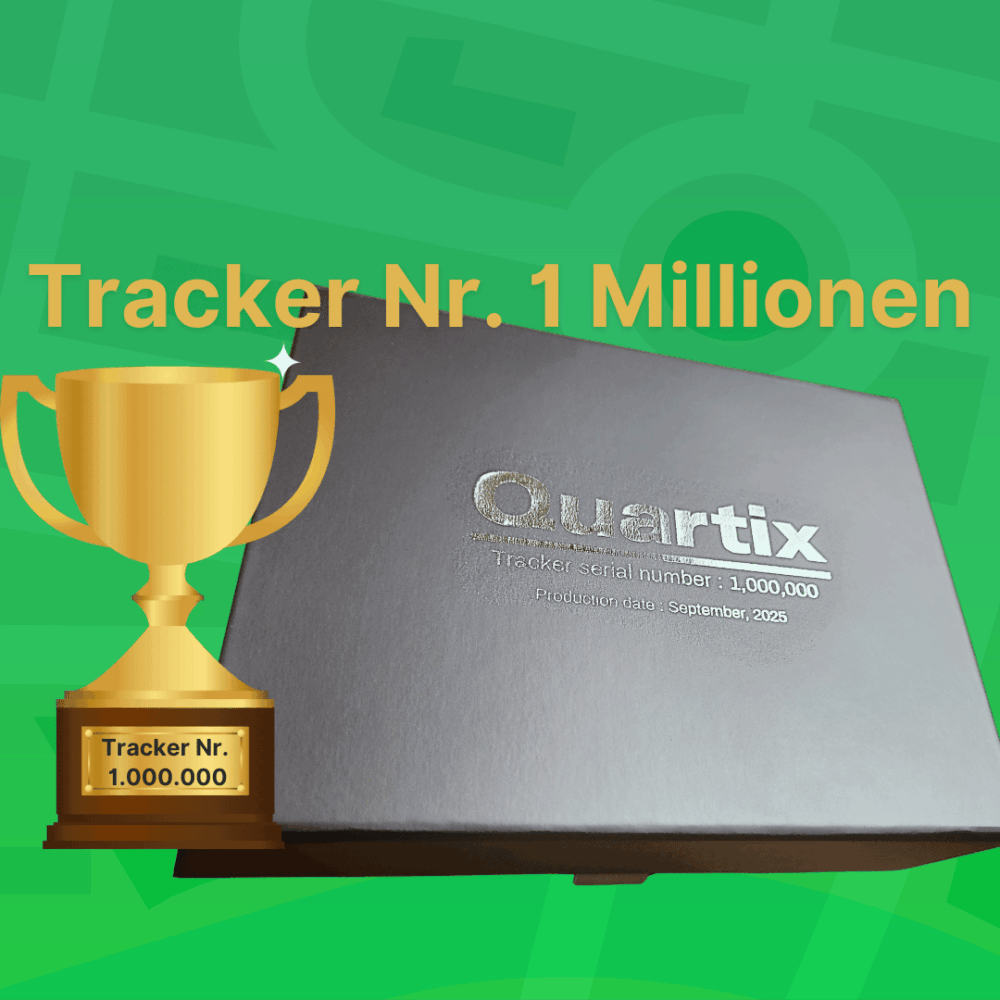 A black Quartix box labeled "Tracker serial number 1,000,000" is shown with a golden trophy graphic and the text "Tracker Nr. 1 Millionen" on a green background.